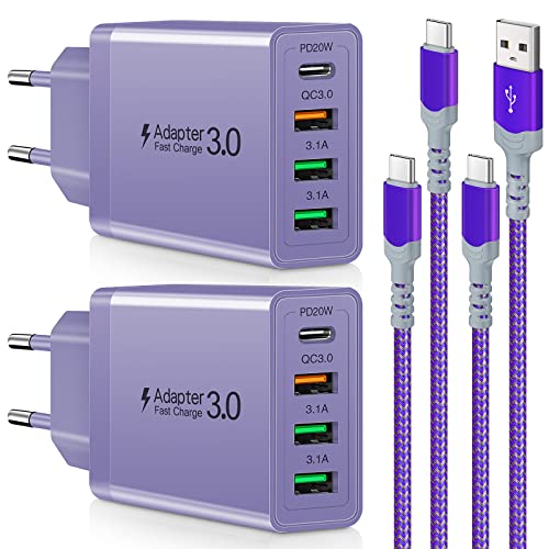 2 Stück 35W USB C Ladegerät [4-Port Upgrade], Acezeek Schnellladegerät USB Stecker mit Wandladegerät mit 2 Stück 6.6Ft 60W USB C Ladekabel kompatibel für Samsung,LG,Google Pixel 6 Tablet (Lila)