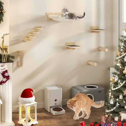 YITAHOME 7PCS Kletterwand Katzen, Hölzerne Katzenwandmöbel, Katzenkletterbaum, Hölzerner Kratzbaum mit 3 Sisal-bezogenen Säulen/4-Stufige Katzentreppe Wand mit Kratzbaum/Hängematte