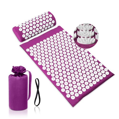 BULZEU Akupressurmatte mit Kissen, Akupressur Set gegen Nacken und Rückenschmerzen, Akupunkturmatte Acupressure Mat Massagematte zur Wohltuenden Entspannung und Massage (Lila)