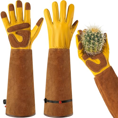 Leder Gartenhandschuhe für Damen und Herren - Dornenfeste Handschuhe mit extra langer Stulpe und verstärkten Handflächen und Fingerspitzen (L)