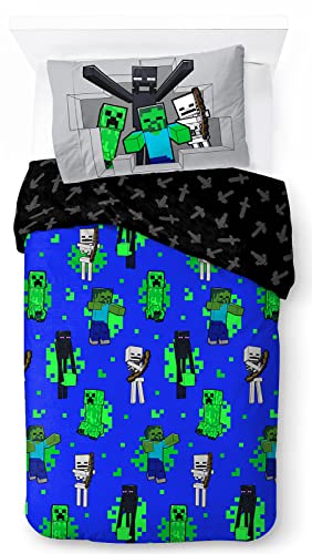 Jay Franco Minecraft Fight Back 100% Baumwolle Kinderbettwäsche-Set 135x200 cm Einzelbettgröße - Bettbezug + Kissenbezug 50x70 cm
