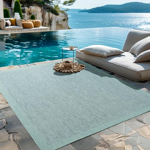 HomebyHome Outdoor-Teppich Flachgewebe Wetterfest Einfarbig Blau Küchenteppich, Balkon Terrassen Garten Wohnzimmer Teppich 200 x 290 cm