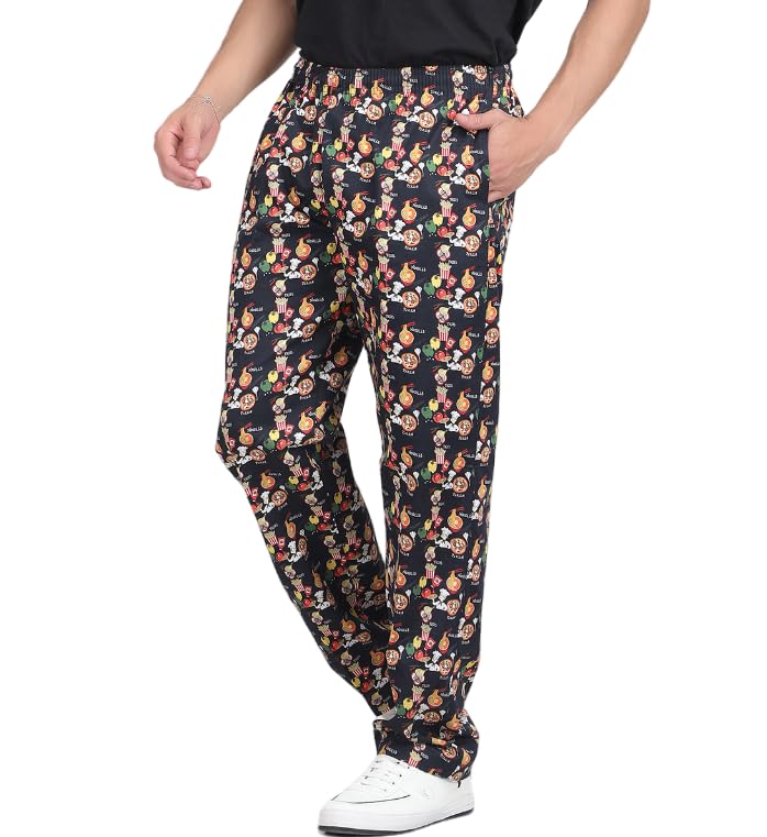 Unisex Bedruckte Kochhose aus 100% Baumwolle für Herren und Damen mit Kordelzug für Gastronomie, Bäckerei und kulinarische Profis (DE/NL/SE/PL, Alphanumerisch, L, Regular, Regular, Pizza-Druck)