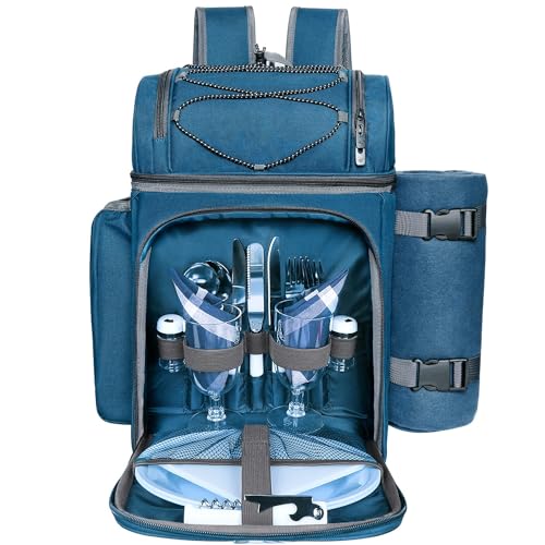 Hap Tim Picknick-Rucksack-Kühler für 2 Personen mit isolierter auslaufsicherer Kühltasche, Weinhalter, Fleece-Decke, Besteck-Set, perfekt für Strand, Tagesreisen, Wandern, Camping,(EU-36083-BL2)…