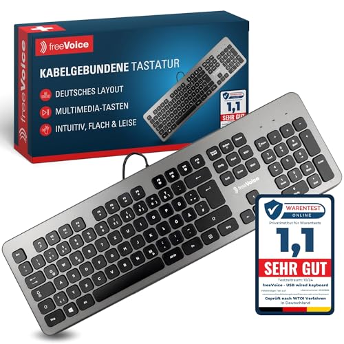 FreeVoice PC Tastatur Mit Kabel - Leise USB Keyboard für Laptop & Computer - Rutschfeste & Flache Tastatur für Büro, Home-Office & Zuhause