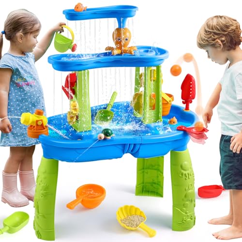 FRUSE Wasserspieltisch für Kinder,3-Tier Sand Wassertisch Spielzeug,Wasserspielzeug Aktivität Sensory Tisch Sommer Spielzeug für Outdoor Draußen Strand,Wasser Spieltisch für Kleinkinder Alter 3-5