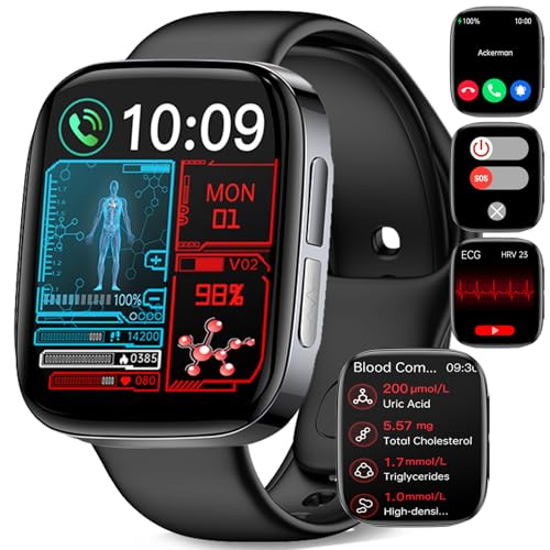 YYKY Smartwatch Damen Herren,1.72”Annehmen/Anruf tätigen 2024 EKG Smartwatch mit/SOS-Notruf/Sportuhr Smartwatch für Android iOS (Schwarz)