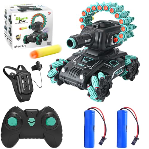 OBEST Ferngesteuertes Auto RC Panzer Stunt Auto, 4WD RC Spray Tank Spielzeug, 360° Drehbares Ferngesteuertes Auto mit Gestensensor für Kinder, Motorisierter Dart Blaster, Nerf Darts Kompatibel(Grün)