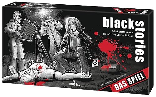 moses. 90083 Black Stories Das Spiel, offizielles Brettspiel zur Kult-Rätselreihe, Krimispiel mit 20 mörderischen Fällen, kooperatives Rätselspiel für 1-4 ab 12 Jahren, Schwierigkeit: Mittel