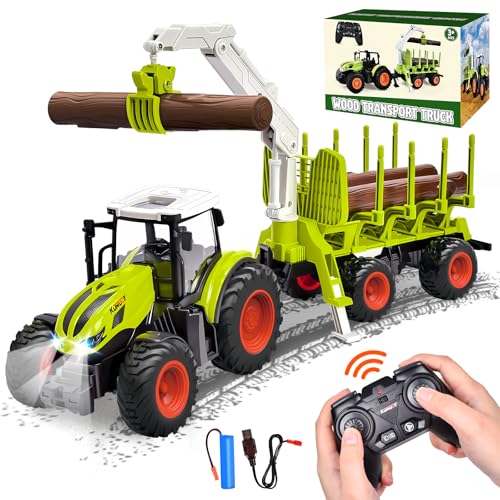 Aragallant Ferngesteuerter Traktor Ferngesteuert, 2.4 Ghz, 1:24, RC Traktor Spielzeug für Kinder ab 3 4 5 6 7 Jahren, Traktor mit Anhänger, Holzgreifer und 3 Baumstämmen, Holztransporter Spielzeug