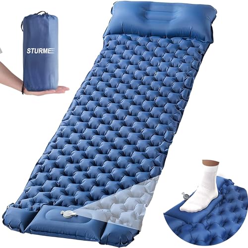 STURME Camping Isomatte Selbstaufblasend mit Fußpresse Pumpe, Outdoor Aufblasbare Luftmatratze Ultralight Isomatte, Camping Matratze, Faltbare Schlafmatte mit Kissen für Outdoor
