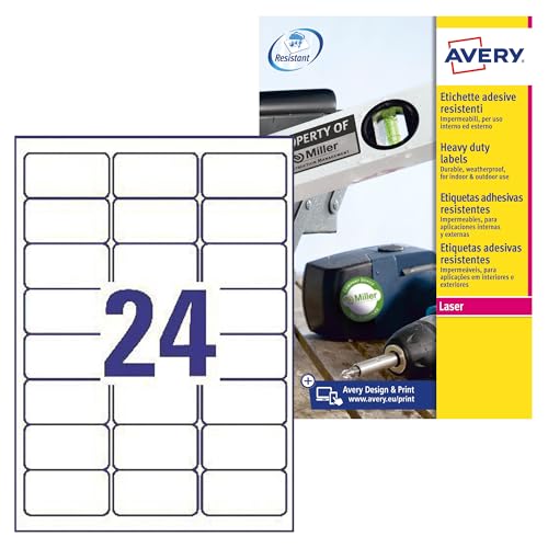 AVERY Zweckform L4773-8 Wetterfeste Folienetiketten (192 Klebeetiketten, 63,5x33,9mm auf A4, extrem stark selbstklebend, wasserfest, strapazierfähig, bedruckbare Outdoor Klebefolie) 8 Blatt, weiß