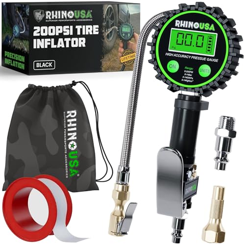 Rhino USA Digitales Reifendruckmessgerät mit Aufpumpe (0–1400 kPa) – Robuste Luftdüse, 5 cm Anzeige, Edelstahl-Schlauch & Messingteile – Für Auto, LKW, Motorrad, Wohnmobil