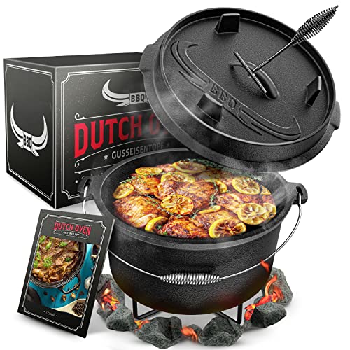BBQ Dutch Oven [Das Original] - Dutch Oven Set 7 Liter – Eingebrannter Feuertopf aus Gusseisen Deckel & Topfständer – inkl. Deckelheber und e-Book