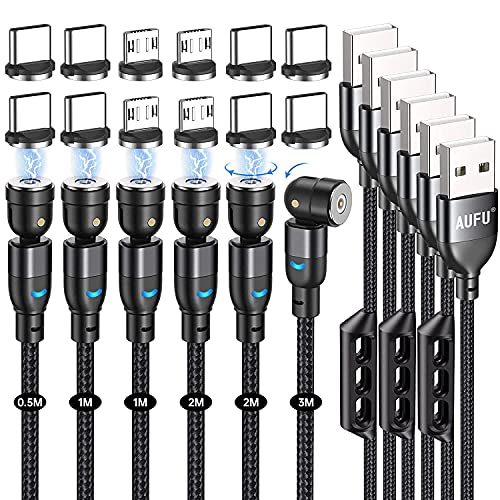 AUFU Magnet Ladekabel, Magnetisches Ladekabel [6Stück, 0.5m 1m 1m 2m 2m 3m], USB C Magnet Kabel 360° und 180° Drehbar kabel Magnetisch mit Micro USB/Type C für Smartphone -Schwarz