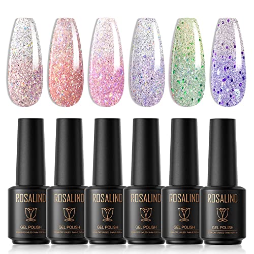 ROSALIND UV Nagellack Thermo, 6 Farben 7 ML Glitzer Gel Nagellack Farbwechsel Shellac Set Gel für Gelnägel Gellack Kit, Nagelgel Farbgel Gel Nagel Chameleon Gel Polish Set Geschenk