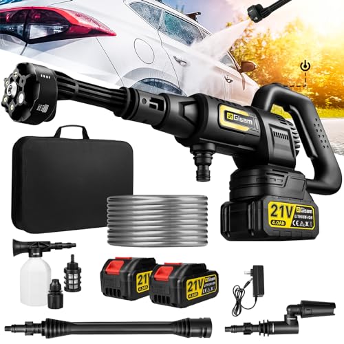 Akku Hochdruckreiniger, Gisam Pressure Washer, Druckreiniger Mobiler mit 2x4.0Ah Batterien, 3-Gang-Modus Max 65Bar, 6-in-1-Düse, 180° Drehbare Düse, Schaumsprüher, 5M Schlauch | Reinigung Bewässerung