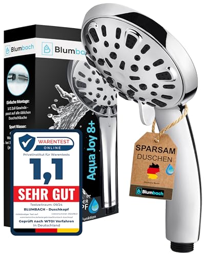 BLUMBACH® Duschkopf wassersparend - Hochdruck Duschkopf Aqua Joy - 8 Strahlarten, Duschbrause druckerhöhend, Brausekopf, Shower Head, wassersparender Sparduschkopf, hoher Wasserdruck starker Strahl