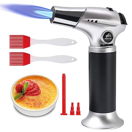 Flintronic Küchenbrenne Flambierbrenner, Nachfüllbar Gasbrenner mit 3 Düse, 2 Bürsten, Lötbrenner mit Sicherheitsschloss für Creme Brulee, Kochen, BBQ, Camping (Butan Inbegriffen Nicht) Silber