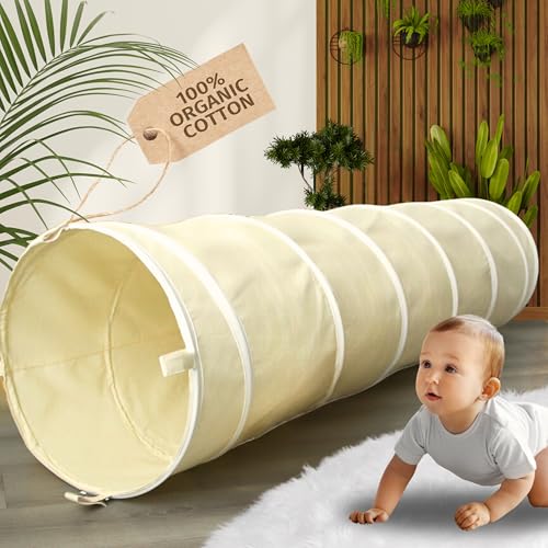 LIONHERZ® Spieltunnel für Kinder aus 100% Baumwolle mit Klettverschlüssen | Krabbeltunnel für Baby [180cm x 46cm] Faltbarer Pop-up Kriechtunnel | Krabbelrolle für Kinderzimmer, Spielzelt (Cremeweiß)