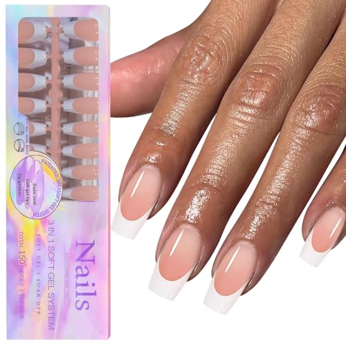 GZMAYUEN French Tip Press on Nails Gel Nail Tips - 15 sizes 150 pcs Nude Coffin French Tip Press on Nails Medium Shape, 3 in 1 Pre-french Gel Nail Tips, Full Cover Ballerina Fake Nails for Art