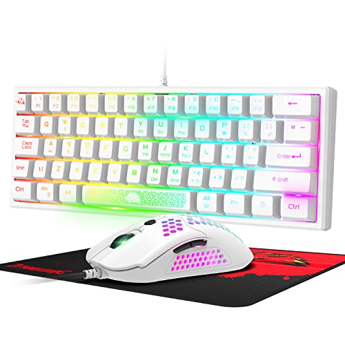 60 prozent mini Gaming Tastatur Und Maus Set Weiß, QWERTY Layout RGB Regenbogen LED beleuchtet mechanische Gefühl, Ergonomische, 12000 DPI Bienenwabe, USB Verkabelt fã¼r pc PS4 Xbox Laptop