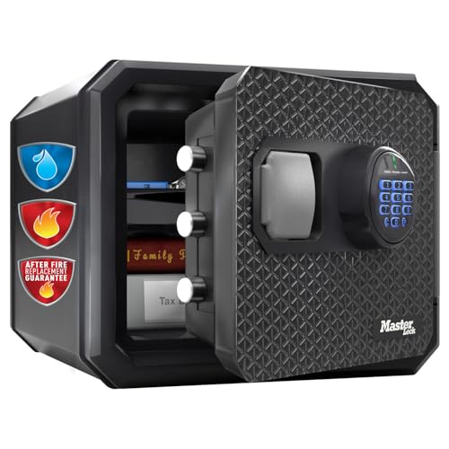 Master Lock FPW082FTCML zertifizierter feuerfester und wasserdichter Tresor, 23L, 417 x 348 x 478 mm, Digitale Kombination mit beleuchtetem Tastenfeld, für Heim und Beruf, Schwarz, 22L