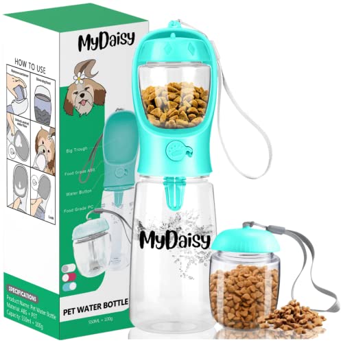 MYDAISY Auslaufsichere Hundetrinkflasche Für Unterwegs mit 100g Futterbehälter Tragbare Hundewasserflasche mit Großes Fassungsvermögen 550ml Geeignet für Hunde, Welpen und Katzen Hundezubehör to Go