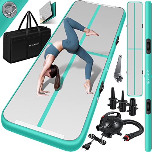 KESSER® Turnmatte Aufblasbar Airtrack 300x100x10 Fitness-Matte Gymnastikmatte 3/4/5/6m | inkl. Tragetasche & elektr. Luftpumpe | Yogamatte, Tumbling Matten Trainingsmatte Sportmatte Yoga, Turn Mint
