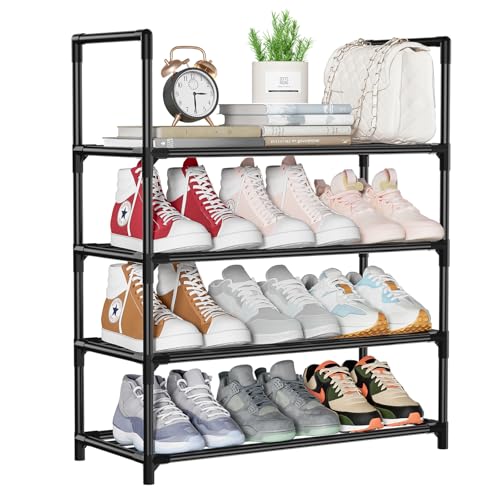 SOLVIEW Schuhregal Metall Mit 4 Ebenen, Schmal Platzsparend, Schuhschrank Organizer für 12 Paar, Stapelbar Schwarz für Flur, Outdoor, Abstellkammer, 60 x 25.5 x 72cm