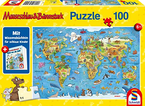 Schmidt Spiele 56412 Dinosaurier Mauseschlau und Bärenstrak, Reise um die Welt, 100 Teile Kinderpuzzle, mit Wissensbüchlein, bunt