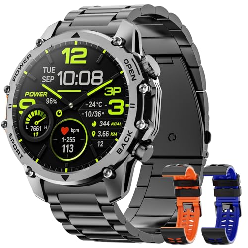 Smartwatch Herren,1.52' HD Smart Watch mit 500mAh Lange Akkulaufzeit, 114+ Sportmodi Militärischer Stil Fitnessuhr mit Herzfrequenz/Schrittzähler/Schlafmonitor/Taschenlampe Android iOS Mens Watches