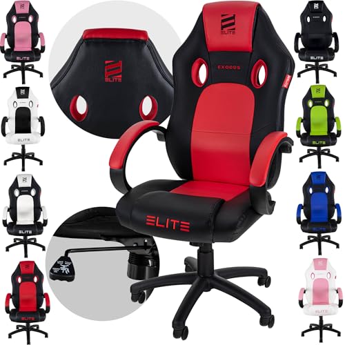 ELITE Gaming Stuhl MG100 Exodus | Ergonomischer Bürostuhl - Schreibtischstuhl - Chefsessel - Sessel - Racing Gaming Stuhl - Gamingstuhl - Drehstuhl - Chair - Kunstleder Sportsitz (Schwarz/Rot)