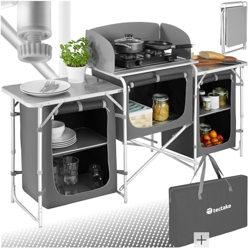 tectake® Camping Küche faltbar, Reiseküche, Campingtisch mit Windschutz und hitzebeständiger Arbeitsplatte, Camping Zubehör Küchenschrank, Outdoorküche für Wohnwagen, Vorzelt, Auto Camping - grau