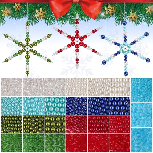 1574 Stück Christmas Snowflake Wire Forms, Kalolary Perlen Set Weihnachten Metall Schneeflocken Perlen Ornament 24 Stück Metall Schneeflocken Draht mit Grün Roten Perlen für DIY Basteldekoration