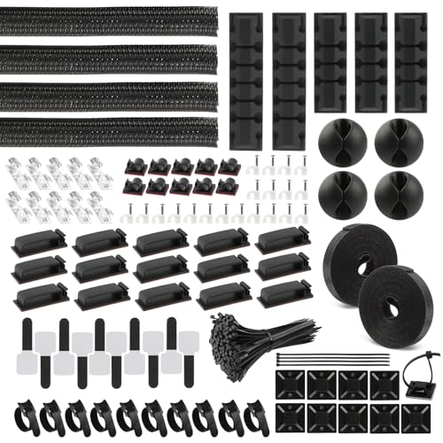 Kabelmanagement Kit 200 PCS, 4 Kabelschläuche, 9 Silikon Kabelhalter, 22 Kabelbinder Selbstklebend, 35 Kabelklemmen, 100 Kabelbinder, 20 Kabelschelle Nagelschellen, 10 Klebesockel für TV PC