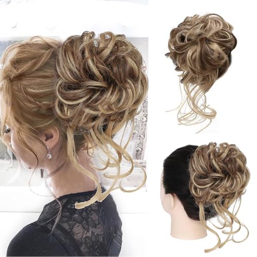 Haarteil Haargummi Hochsteckfrisuren,Messy Bun Haarteil Hair Piece Bun Erweiterungen kunsthaar Tousled Updo Haarteile für Frauen Mädchen (12H24 Hellbraun Mix Natural Blond)