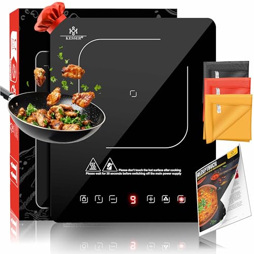 KESSER® Induktionskochplatte Induktionskochfeld 1 Platte 2100W Tragbares 28cm Kochplatte + 3x Mikrofasertuch + 1x Rezeptbuch, 9 Heizstufen, 8-Stunden-Timer, Touch-Steuerung, Booster-Funktion 220-240V
