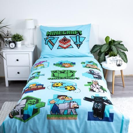 Minecraft Offizielles Bettwäsche-Set für Einzelbett, 140 x 200 cm, Episches Design Let's Play, Grün, wendbar, 2-seitig, Bettbezug, offizielles Merchandise-Produkt, inklusive passendem Kissenbezug