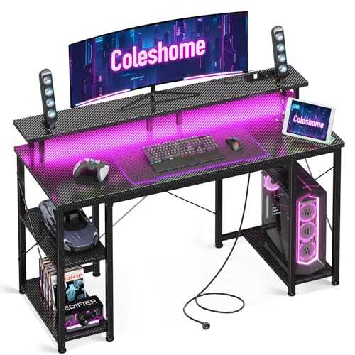 Coleshome Gaming Tisch mit LED-Beleuchtung, Gaming Schreibtisch mit 2 Steckdosen & 2 USB-Anschlüssen, Computertisch mit Monitorständer & Stauraum, Home Office Schreibtisch, Schwarz, 120x50cm