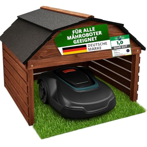 SEHR BELIEBT! Mähroboter Garage aus Kiefernholz [77,5 x 73 x 63 cm] - Rasenroboter Garage BRAUN [wetterfest] Mähroboter Garage [Made IN Europe]
