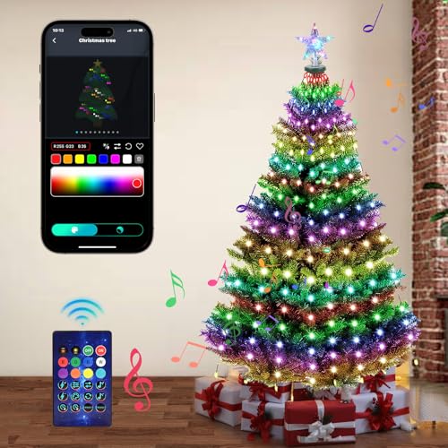 GuKKK LED Lichterkette Außen, Christmas Cone Tree Lights 2,1M 400 LED, Intelligente Lichterketten RGB mit Fernbedienung und APP Gesteuert, IP65 Wasserfest Tannenbaum Lichterkette für den Außenbereich