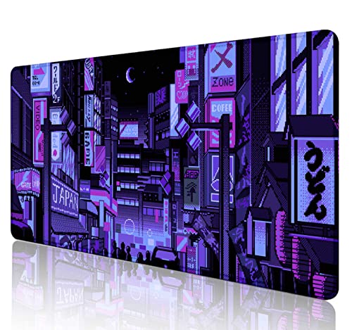 SXCKANG Dunkelviolett japanische Anime Schreibtischmatte, Retro Vaporwave großes Gaming Mauspad für Laptop Computer, XXL Skyline City Mousepad,31.5x15.7 Zoll