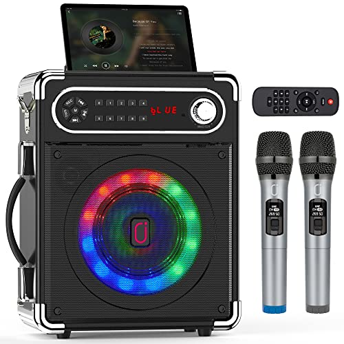 Bluetooth Lautsprecher, Tragbarer Kabelloser Lautsprecher Box Musikbox mit Gemischtfarbigen LED-Leuchten und 2 Mikrofon, Laut mit Druckvollem Bass unterstützt USB/TF-Karte/AUX/FM/Rec für Party