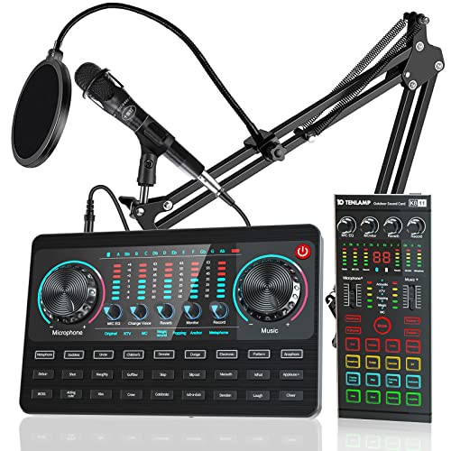 Live-Soundkarten-Set mit Streaming-Mikrofon und 2-teiligem Audio-Interface mit DJ-Mixer mit Sprachwechsler Podcast-Studio-Ausrüstung für Telefon-PC-Aufnahme, Gaming, YouTube, Live-Streaming