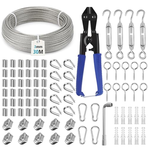 JAYZUUM 81 PCS Stahlseil Set, 3mm Drahtseil, 35m lang, 304 Edelstahlseil mit Drahtschneider, Rankhilfen für Kletterpflanzen, Gardinenseil, Zaun
