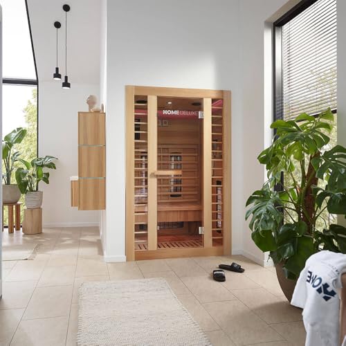 Home Deluxe – Infrarotkabine REDSUN M Deluxe – 120 x 105 x 190 cm - für 2 Personen, 5 Vollspektrumstrahler, Holz: HemlocktanneI Infrarotsauna, Sauna, Wärmekabine, Infrarot