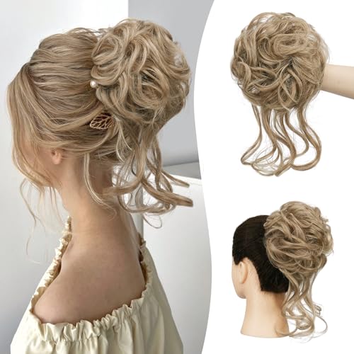 Sofeiyan Haarteil mit Gummiband Gelockt Dutt Haarteil Mit Haaren Hochsteckfrisuren Synthetisch Messy Bun Haar Tousled Updo Haarteile für Frauen Mädchen, Helle Aschblond Mix Bleichblond