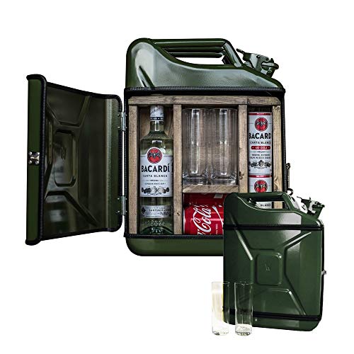 mikamax – Jerrycan Mix Drink Bar 20L – Whiskey Bar – Mobile Bar – Benzinkanister bar – Grün – 20 Liter – Holz und Metall – 46.5 x 34.5 x 14 cm