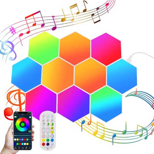 Nurkoo LED Hexagon Gaming Wall Light 10 Stücke Hexagon RGB Panel - Hexagon Honeycomb Wall Light Music Sync Decoration Hexa Wall Lighting Smart Hexagonal Gamer Room Decoration Modular Lamp